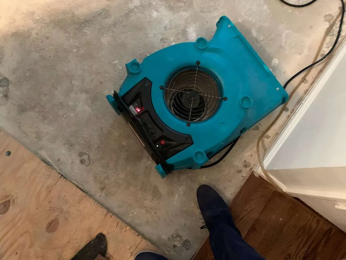 Air mover drying subfloor during Commercial Water Damage Restoration in Belton